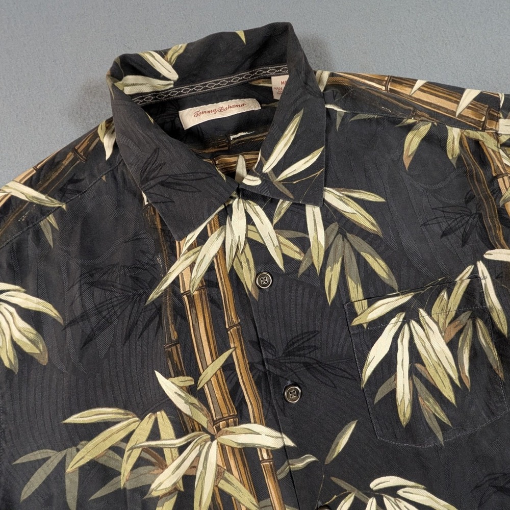 Tommy Bahama Silk Button‎ Up Shirt Mens Medium Black Bamboo Tropical Camp
